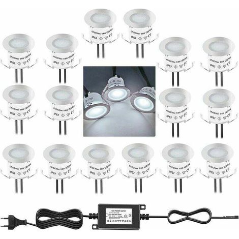 Un ensemble de 16 mini spots LED encastrés d'extérieur. étanches IP67. blanc lumière du jour 4500K. 32 mm. 0.6 W DC12V. adaptés aux allées. patios. cabanes. piscines et escaliers (1/5)