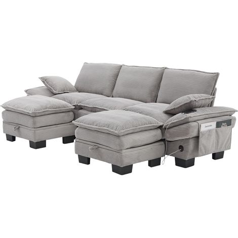 ELVMI Divano Dritto 3 Posti con 2 Pouf, USB-C, Tasche Laterali, in Corduroy Grigio Chiaro 260 × 132 × 84 cm (1/5)