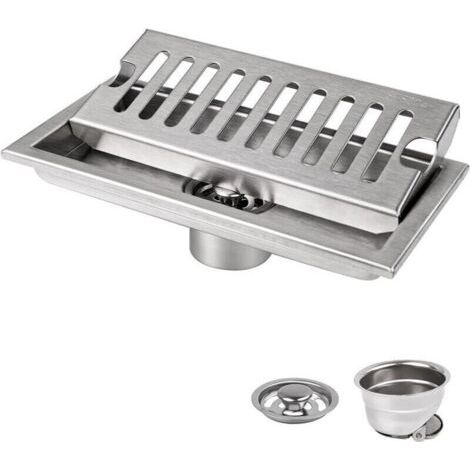 Siphon de Sol, 20 x 10 cm Siphon de Sol Rectangulaire, Argent Siphon de Sol avec Grille en Acier Inoxydable, Convient pour WC, Salle de Bain, Cuisine, Balcon (1/5)