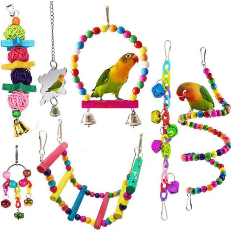 Ensemble de 7 miroirs en bois pour cages à perroquets/oiseaux, avec clochette, balançoire et jouet suspendu pour l'activité et le divertissement.-AquaForge (1/5)