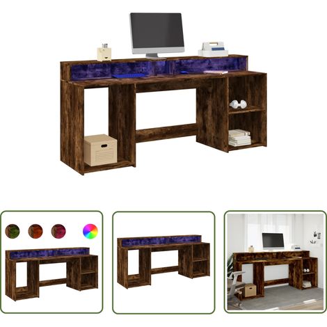 vidaXL Bureau et lumières LED chêne fumé 200x55x91cm bois d'ingénierie (1/5)