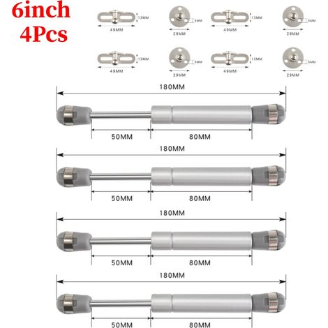 (6 pouces, 4 pièces, argent) Vérins à gaz pour porte de placard, 100 N/10 kg, supports de couvercle à ressort à gaz, amortisseurs à gaz, charnières hydrauliques pour placard de cuisine (1/5)