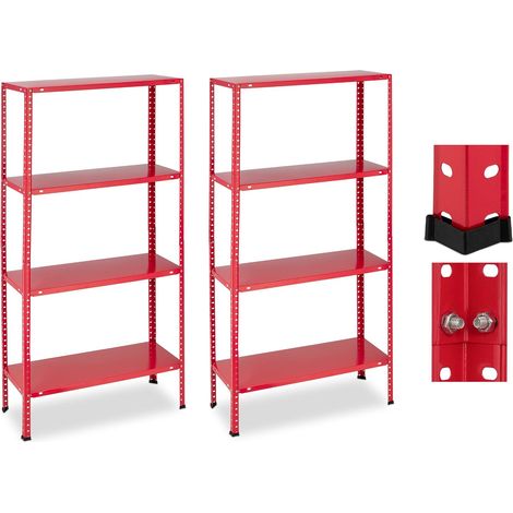 Étagère Charge Lourde, Lot de 2, 160 kg Max., 4 Niveaux, HxLxP:147,5x75,5x30,5 cm, Cave & Garage, métal, Rouge (1/5)