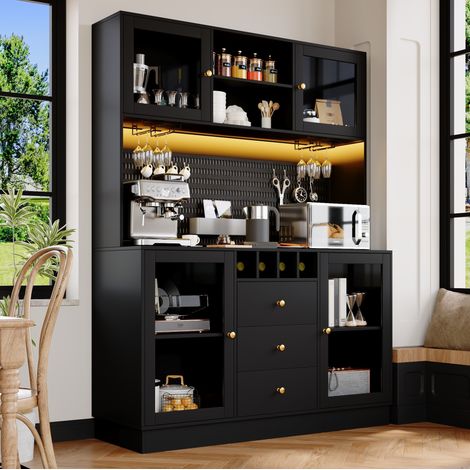 Buffet haut en MDF, verre et métal noir 140 x 40 x 185,7 cm, avec LED pilotée par application, range-bouteilles et tiroir (1/5)