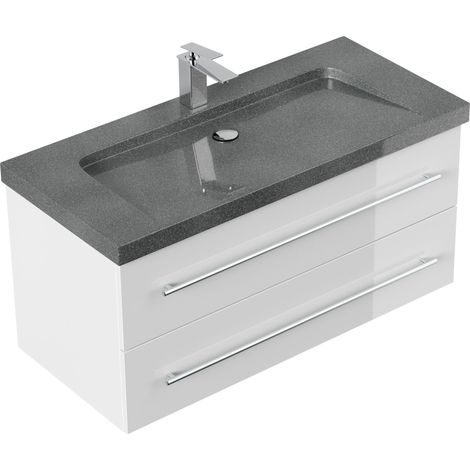 Badmöbel Granit G654 Damo 100 cm 1 Hahnloch SoftClose weiß hochglanz