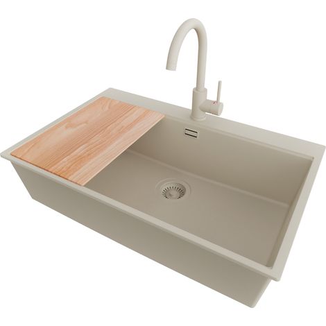 PRIMAGRAN Evier Cuisine en Granit 78x50cm,Lavabo 1 bac + Robinet 32x20cm + Kit de Vidage + Planche à Découper, Évier à Encastrer au meuble 80cm - Oslo, Beige (1/5)