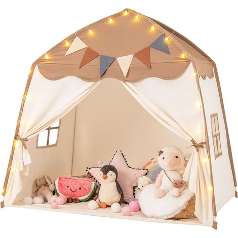 COSTWAY Kids Play Tent Indoor & Outdoor Extra Large Playhouse Tent-Coffee (1/5)