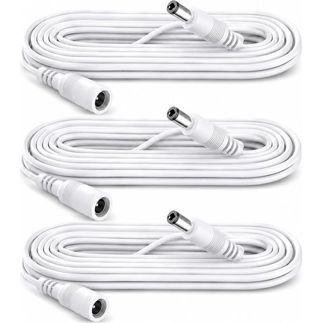 3PCS Câble d'extension de 2 m, Rallonges d'alimentation CC 5,5 mm x 2,1 mm, Connecteurs Mâle-Femelle pour Caméra de Surveillance, Système IP, DVR, Ruban LED et Adaptateur Secteur, Blanc (1/5)