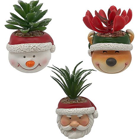 Lot de 3 Plantes Succulentes Artificielles en Pot Déco Noël Renne Bonhomme de Neige Faux Végétal Bureau Intérieur Sans Entretien (1/5)