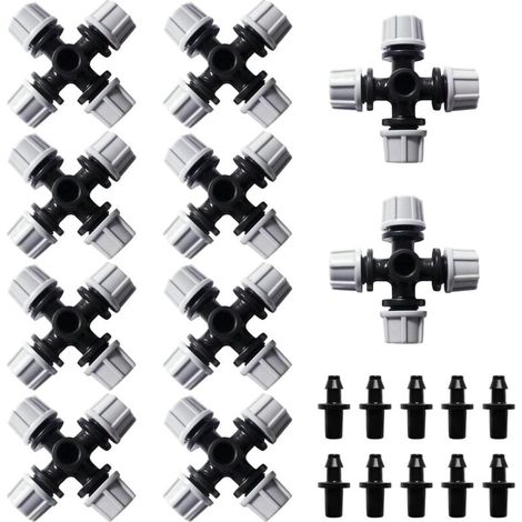 10 Pieces Atomise 4 Way Nozzle, Plastic Cross Atomization Nozzle, Gardening Greenhouse Atomization Micro Nozzle with Barbed Connector, for Garden, Lawn, Grey (1/5)