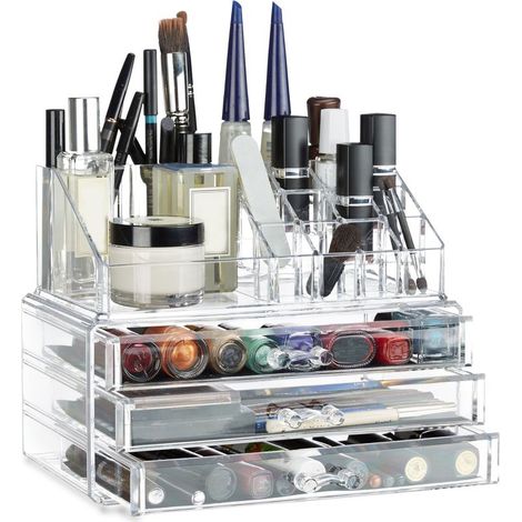 Organiseur maquillage petit, 2 parties avec tiroirs, étagère cosmétiques empilable, transparent (1/5)