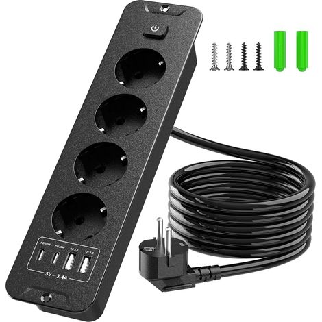 Multiprise Encastrable Plan de Travail, 4 Prises avec Interrupteur et USB (PD 20W), Multiprise 2m, Prise de Table pour Cuisine et Bureau, Parafoudre et Surtension, Noir (1/5)