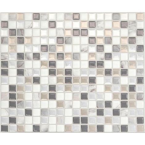 Paraschizzi adesivo per cucina e bagno, adesivo da parete effetto piastrella, fogli effetto piastrella beige grigio e bianco, 26 x 23 cm (1/3)