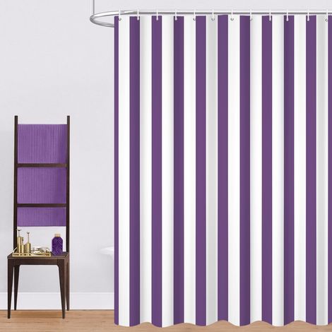 Rideau de Douche, 165x180cm, Violet et Blanc Minimalisme Moderne Rayures Verticales Tissu Pmperméable Machine Lavable Rideau de Salle de Bain avec Crochets (1/5)
