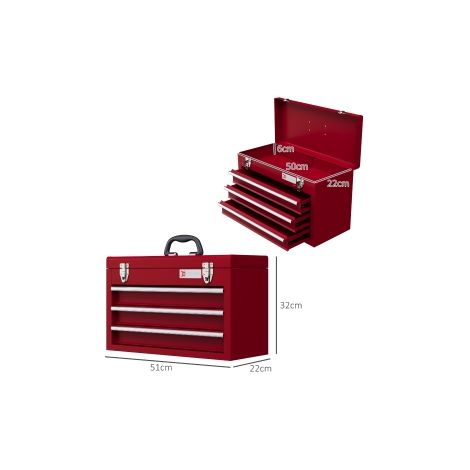 Caisse à outils vide rouge en acier 51x22x32 cm avec 3 tiroirs et compartiment supérieur, poignée et serrure pour atelier et garage (1/5)