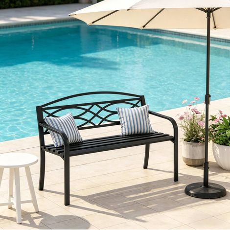 Banc de jardin 127,5x49,5x83 cm en métal noir avec dossier, pour terrasse – MEUBLIV (1/5)