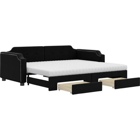 Canapé-lit en tissu noir avec matelas gigogne et tiroirs, 80 x 200 cm (1/5)