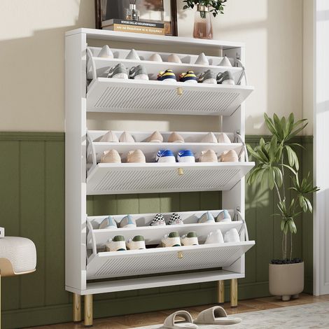 Meuble à chaussures en MDF et panneaux de particules blanc, 3 abattants rainurés, 73 x 23 x 125 cm (1/5)