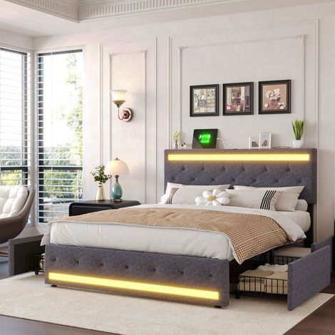 Cama 160x200 cm con 4 Cajones y Somier - Tela de Lino Gris - Cabecera Tapizada Ajustable, LED y USB - Cama para Adultos Tamaño Queen (1/5)