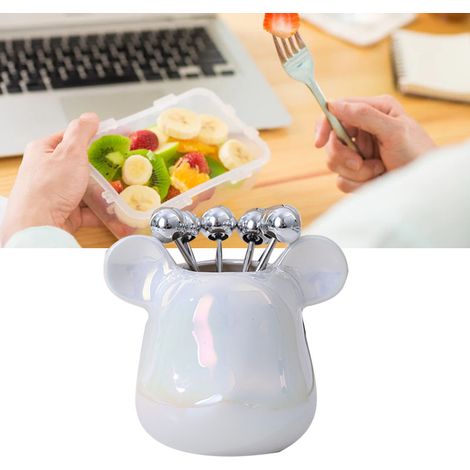 Ensemble de couverts de luxe en acier inoxydable, comprenant des fourchettes à fruits, un pot de rangement mignon et original, des bâtonnets à fruits, un socle en forme de tête d'ours et 6 fourchettes (1/5)