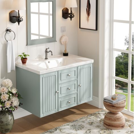 Meuble de salle de bain avec vasque, suspendu, 3 tiroirs, vert, 78,5 x 46 x 46,8 cm DESVIAE (1/5)