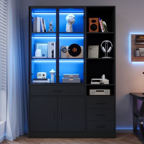 Vitrine avec LED, bibliothèque meuble de rangement, portes en verre, 4 tiroirs, style moderne scandinave, pour salon salle à manger, 120x35x200cm, noir (1/5)