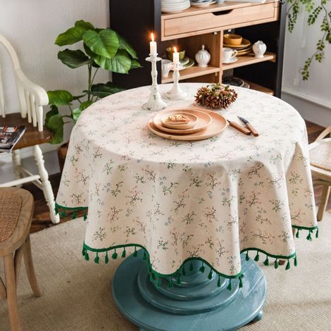 (Beige) Picnic 150cm Round Tablecloth, Floral Print Linen Cotton Round Tablecloth, Washable Fringed Round Tablecloth, Small Stain-Resistant Round Tablecloth for Decorating Dining Tables (1/4)