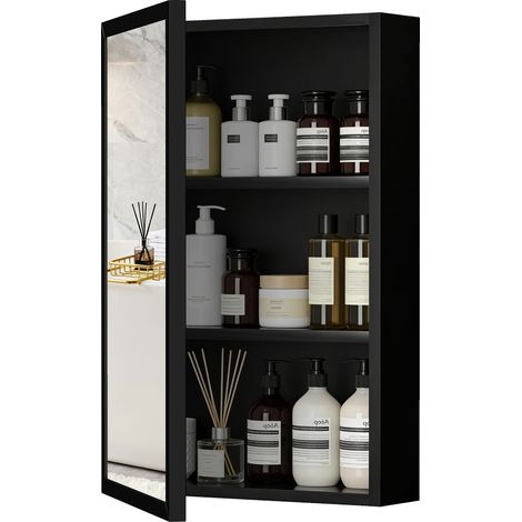 Armario con espejo para baño 40 x 12 x 60 cm almacenamiento ahorra espacio 2 estantes contemporáneo de acero inoxidable negro 210001939 (1/5)