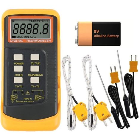 Thermomètre Numérique De Type K, 2 Canaux Avec Capteur De Sonde à 4 Thermocouples -501370 ° C (-582498 ° F) ° C ° F Mesure De Température Portative Commutable à L'échelle Kelvin (1/5)