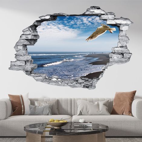 Stickers Trompe l'oeil trou dans le mur - Mer - 30 x 45 cm - Pierres grises (1/5)