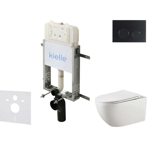 kielle Genesis New - Conjunto de instalación empotrada, inodoro Gaia, Rimless, asiento softclose y pulsador Gemini New II, negro mate 30528SZ15