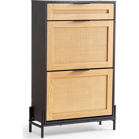 Mophorn Rattan-Schuhschrank, schmaler Aufbewahrungs-Organizer mit 2 Rattan-Klappschubladen und 1 Schublade, Metallbeine, schmaler Eingangsschrank, schwarz