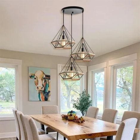 kawoo Lustre Suspension en Cage Diamant Métal Lampe Luminaire Industrielle Vintage Corde de Chanvre Ajustable pour Salon (1/4)