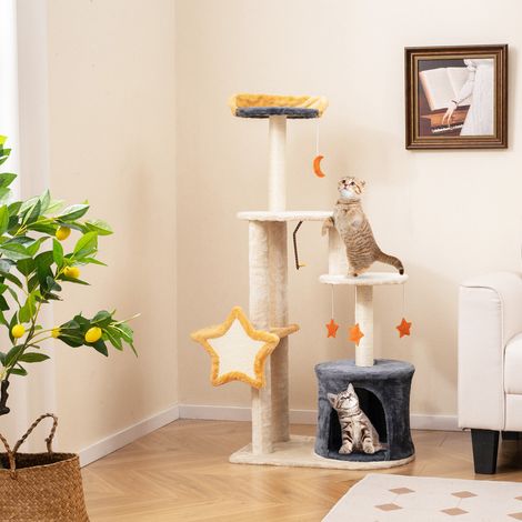Arbre à chat orange gris et beige de 127 cm avec griffoirs en sisal, plateformes et jouets suspendus, pour maison et appartement (1/5)