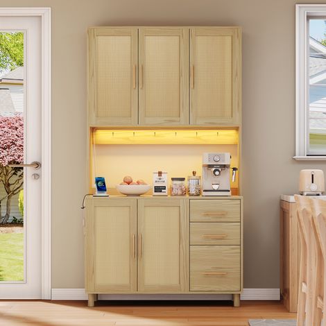 Buffet de cuisine de 183 cm, meuble buffet, lumières décoratives LED, 2 prises USB et prises, étagères réglables, 3 tiroirs, poignées en métal, convient pour la cuisine et la salle à manger, Naturel (1/5)