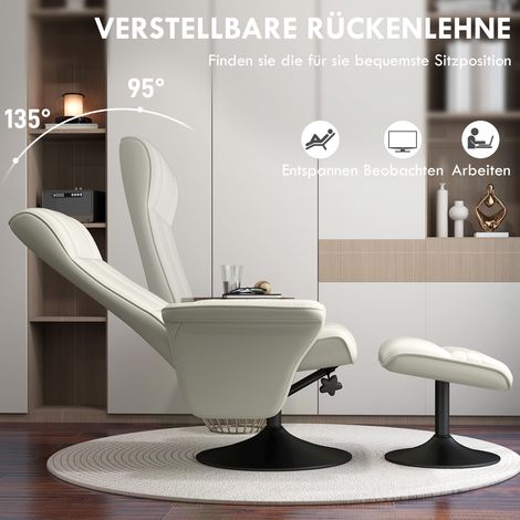 Fauteuil relax inclinable pivotant TV avec repose-pieds, revêtement microfibre blanc crème, design ergonomique, capacité jusqu'à 150 kg