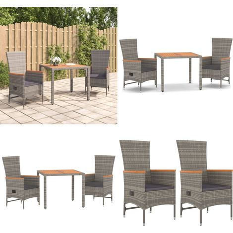 3-tlg. Garten-Essgruppe mit Kissen Grau Poly Rattan - Gartenessgruppe - Rattanstuhl (1/5)
