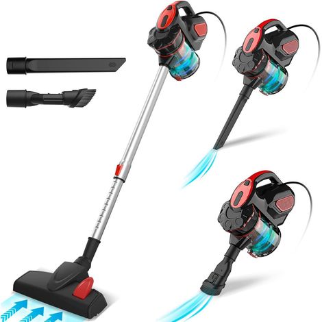 Aspirateur Balai Filaire, Aspirateur Balai avec Fil Puissant, 3 en 1 Aspirateur Vertical Filtre HEPA, 600W 18000Pa Aspirateur sans Sac avec 6m Long Câble, Léger Portable pour Maison Tapis Sol Dur-Roug