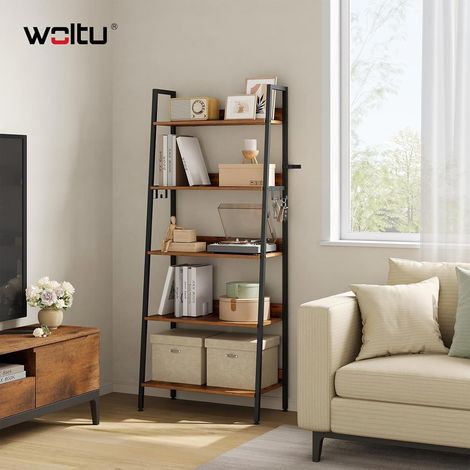 WOLTU Libreria a 5 Livelli, Mensole con Struttura in Metallo, Libreria a Scaletta in Legno per Soggiorno, Cucina, Ufficio, Legno Vintage + Nero (1/5)