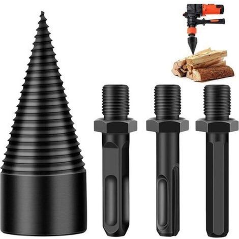 Broca de 42 mm para partir leña, broca con vástago cónico para astilladoras de leña, broca robusta de acero con vástago cónico y 3 mangos (cuadrado/redondo/hexagonal) para partir leña y para astillado (1/5)