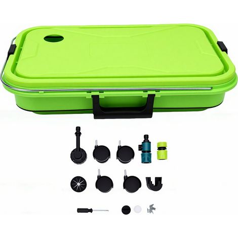 Seau pliable de 22 litres (5,8 gallons) pour le lavage de voiture, avec roues, poignée, bouchon de vidange et sortie d'eau. Pliable et multifonctionnel, il est idéal pour le camping, les caravanes, le (1/5)