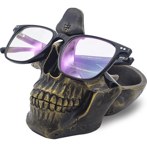 Porte-lunettes tête de mort, Porte-lunettes fantaisie avec plateau de rangement pour table de nuit, Sculpture tête de mort en résine, Décor de bureau pour la maison Cadeau (Cuivre) (1/5)