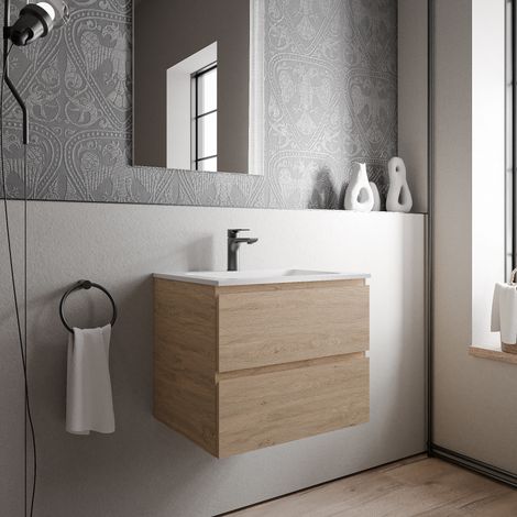 BERNSTEIN - Mobile lavabo sospeso MDF rovere miele, lavello Ghisa bianco opaco + foro rubinetto - 60x46x50cm - AVA BRUSSELS	Rovere Miele Oro, Bianco opaco con foro rubinetto