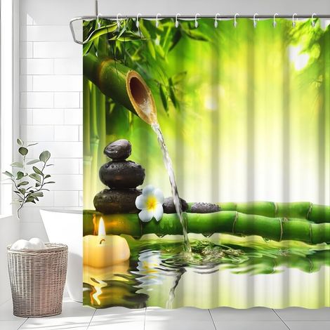 Rideau Douche Bambou, Rideau de Douche Vert Anti Moisissure 180x200cm Pierre Noir Spa Orchidée Rideaux de Baignoire Tissu Lavable Imperméable Polyester Rideaux Salle de Bain avec 12 Crochets (1/5)
