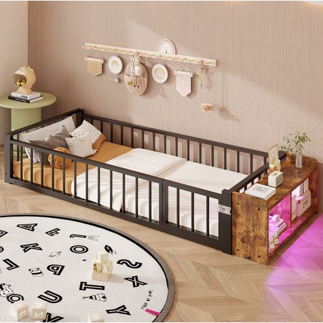 Letto bambini 90x200 cm con vano portaoggetti aperto, LED e sponda di sicurezza, nero, senza materasso (1/5)
