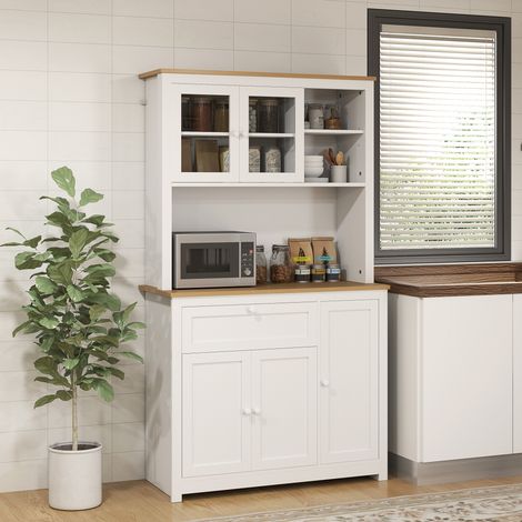 Meuble de cuisine de style campagnard, 1 vitrine, 1 étagère ouverte, 1 tiroir, 2 placards, naturel et blanc (1/5)
