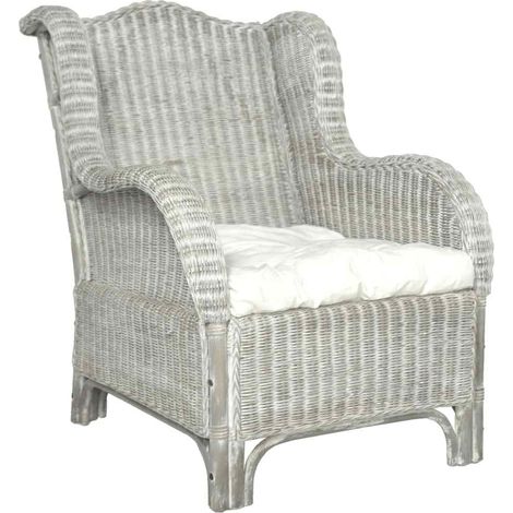 Poltrona con Cuscino Grigio in Rattan Naturale e Lino vidaXL