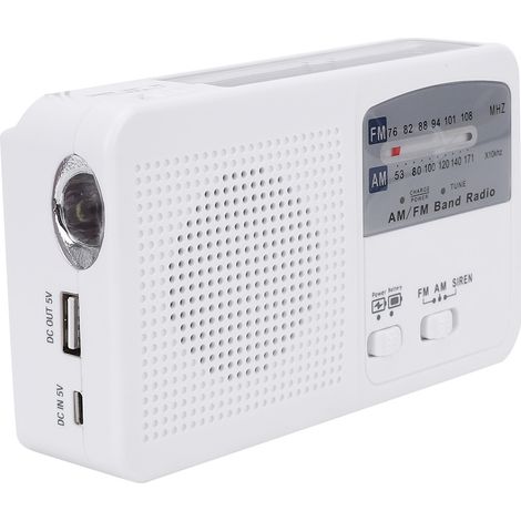 Tragbare, multifunktionale Solar-Notbeleuchtungslampe mit Handkurbel aus weißem Kunststoff, inklusive AM/FM-Radio, Handy-Ladefunktion und Notbeleuchtung (weiß) (1/5)