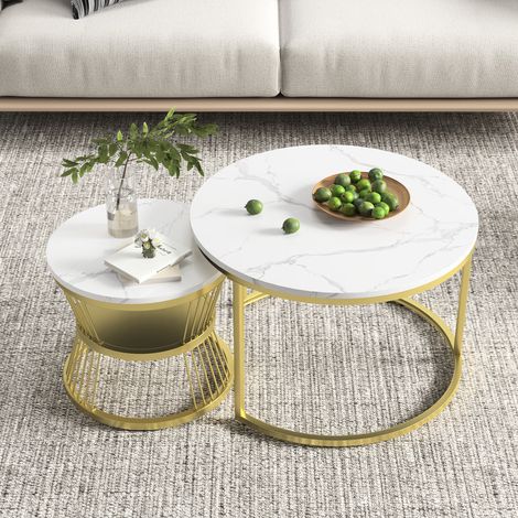 Zweiteiliges Set aus ineinander schiebbaren Couchtischen mit Goldgestell, moderne runde Couchtische für Wohnzimmer, Schlafzimmer, Balkon oder Büro. 70 cm + 45 cm
