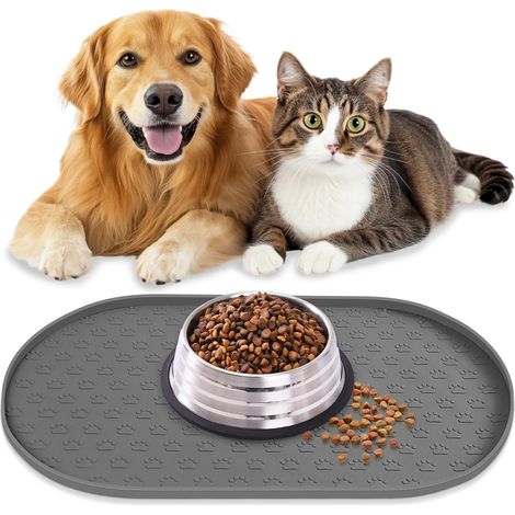 Tapis de gamelle pour chien et chat - Antidérapant - En silicone - 100 % imperméable - Avec bords surélevés - Passe au lave-vaisselle (gris, M : 48 x 30 cm) (1/5)